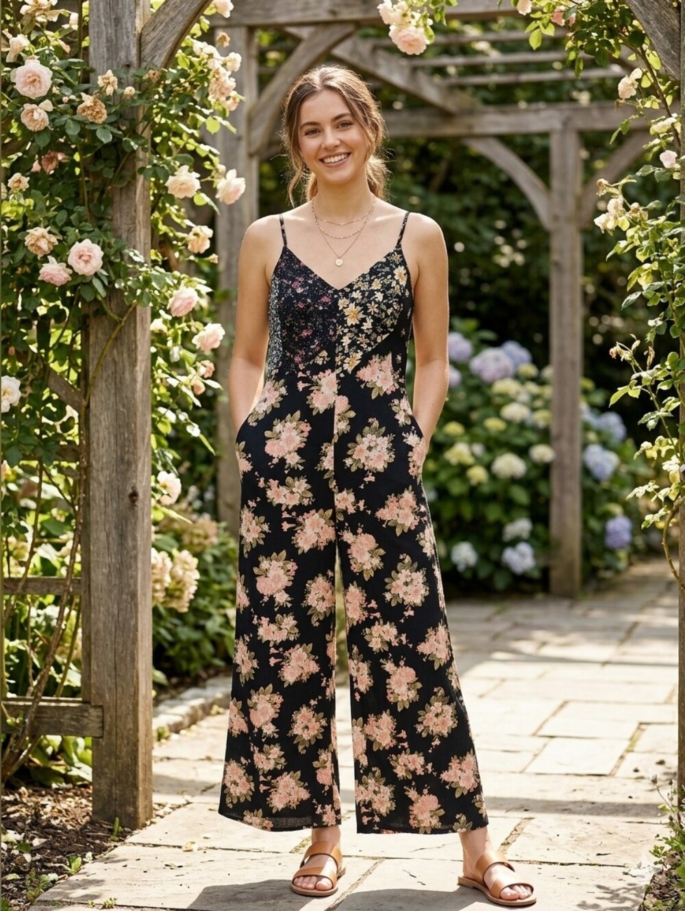 Floral Patchwork Flared Wide-Leg Jumpsuit Romper Romantic Boho Women's Medium - Picture 3 of 12